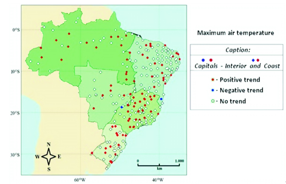 Map of climate trends for &lsquo;T-Max&rsquo; detected in Brazilian localities.