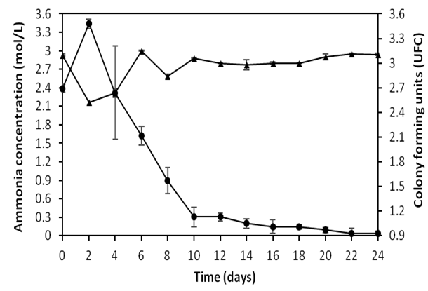 Variation in ammonia concentration (▲) caused by the number of viable cells (•) during the biodegradation tests using bacterium I.