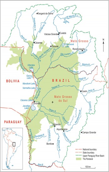 Figure 1. Location and extent of the Pantanal wetland in South America. Outline of the Pantanal based on Assine, Merino, Pupim, Macedo, and Santos (2015) and Schulz et al., 2019.