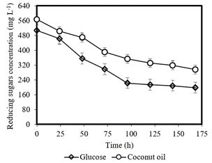 Figure 5. Reducing sugars concentration from glucose and coconut oil as carbon sources.