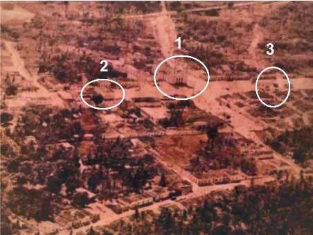 Vista a&eacute;rea da cidade de S&atilde;o Jos&eacute; de Mipibu (d&eacute;cada de 50 do s&eacute;culo XX). 1 - Igreja Cat&oacute;lica. 2 - Grupo Escolar Bar&atilde;o de Mipibu. 3 - Intend&ecirc;ncia Municipal.