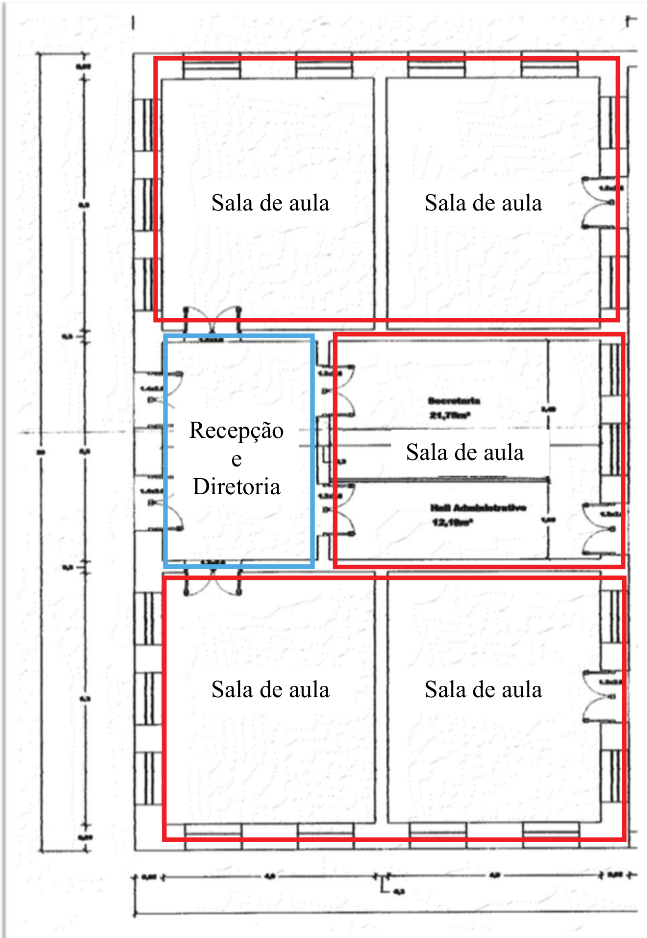Planta baixa da parte antiga do Grupo Escolar Bar&atilde;o de Mipibu (1879). As cores na imagem da planta baixa do Grupo Escolar Bar&atilde;o de Mipibu correspondem &agrave; demonstra&ccedil;&atilde;o de como era a estrutura do pr&eacute;dio em sua origem. As marca&ccedil;&otilde;es de cor vermelha representam as salas de aula (total de 3), e as de cor azul correspondem ao espa&ccedil;o destinado &agrave; diretoria e &agrave; recep&ccedil;&atilde;o, durante o per&iacute;odo de sua cria&ccedil;&atilde;o como Grupo Escolar. 