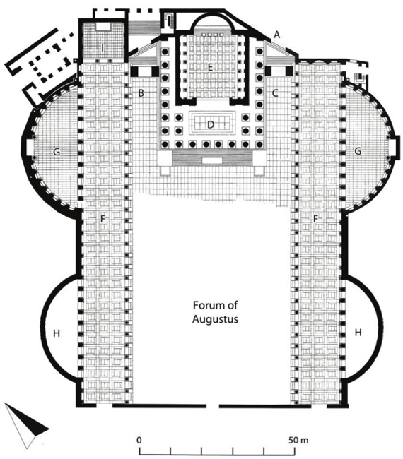 Planta do F&oacute;rum de Augusto: A, Arco dei Pantani; B, Arco de Druso; C, Arco de Germ&acirc;nico; D, pronaos do Templo de Marte Vingador; E, cela do Templo de Marte Vingador; F, p&oacute;rticos; G, &ecirc;xedras maiores; H, &ecirc;xedras menores; I, Sal&atilde;o do Colosso (Shaya, 2013, p. 86).