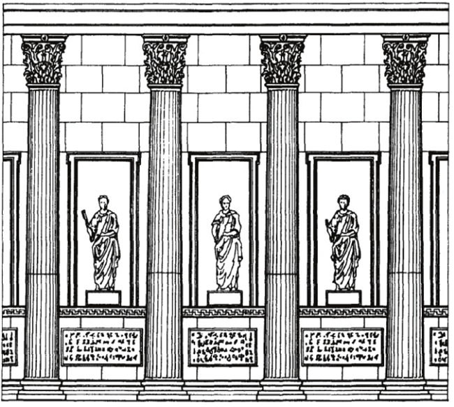 Reconstru&ccedil;&atilde;o da galeria dos summi uiri no F&oacute;rum de Augusto, mostrando as est&aacute;tuas honor&iacute;ficas com placas detalhando suas realiza&ccedil;&otilde;es (Shaya, 2013, p. 87). 