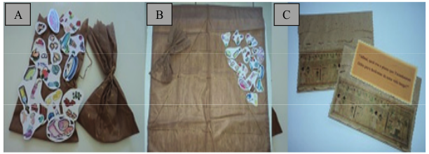 (A) Envelope contendo as imagens de alimentos para serem fixadas &agrave; pir&acirc;mide alimentar; (B) Pir&acirc;mide alimentar que cada equipe recebeu, para serem fixados os alimentos; (C) Envelope contendo a pergunta de ouro &ldquo;Afinal, qual era o plano que Tutankamon tinha para desfrutar de uma vida longa?&rdquo;