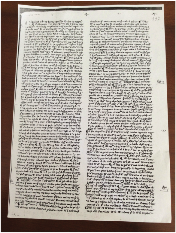 Cópia do Fólio 1 (142ra) do manuscrito das Quaestiones super Viaticum Constantini, Livro I, atribuído a Pedro Hispano. Ms 1877, BNE.