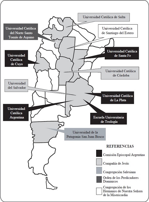 Universidades católicas creadas en Argentina entre 1955 y 1983, según zona geográfica y filiación eclesial