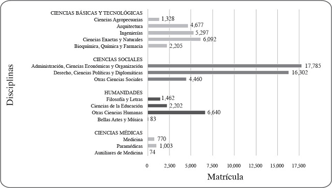 Distribución de la matrícula de las universidades privadas argentinas, según disciplinas (1985). En valores absolutos