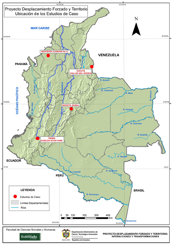 Ubicación de los casos de estudio acerca del desplazamiento interno en Colombia