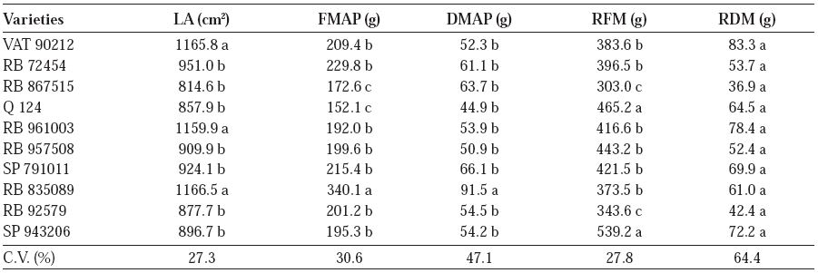 Leaf area (LA), fresh mass of the aerial part (FMAP) and roots (RFM) and dry mass of the aerial part (DMAP) and roots (RDM) for different varieties of sugar cane 