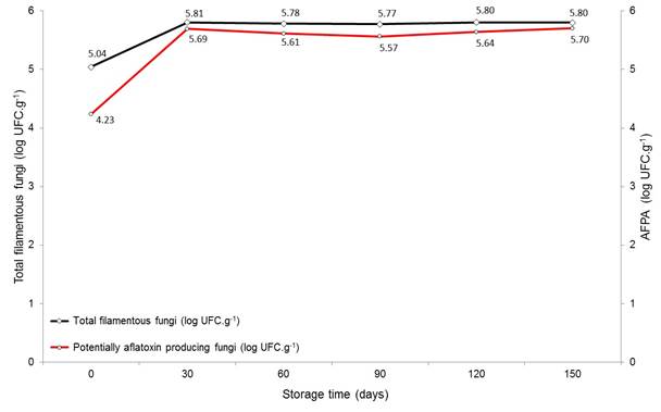 Potentially aflatoxin producing (AFPA) and total filamentous fungi found in almonds of Brazil nuts during their storage for up to 150 days in dryer-warehouse after natural convection drying.