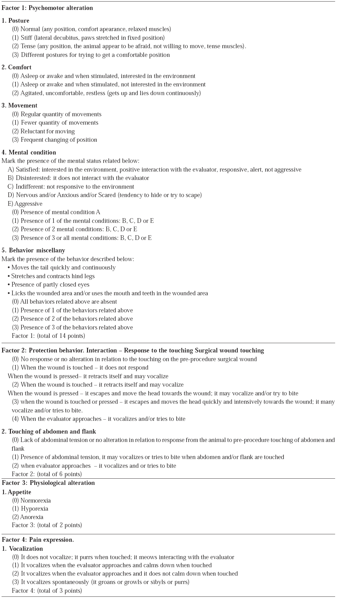 Scale for evaluation of acute pain in felines: immediate post-surgery