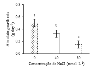 Absolute growth rate of basil, under different concentrations of NaCl (0, 40 and 80 mmol L-1), in the period of 18-30 days after transplanting. Means followed by the same letter do not differ, at the 5% probability level by the Tukey test. 
