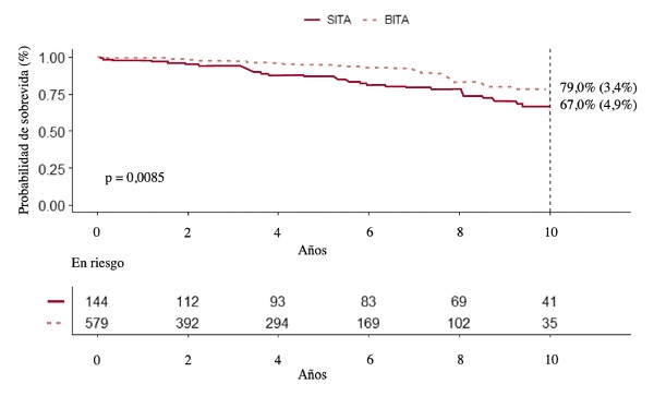 Supervivencia general a largo plazo por todas las causas no ajustada. BITA: arteria mamaria interna bilateral; SITA: arteria mamaria interna &uacute;nica.