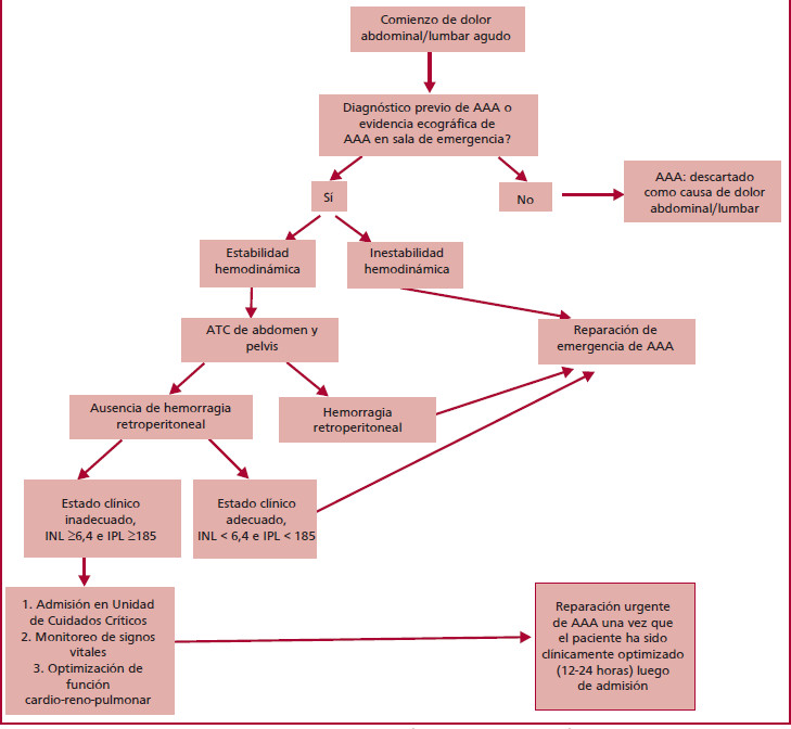 para el abordaje diagn&oacute;stico-terap&eacute;utico del AAA sintom&aacute;tico. Algoritmo de Sullivan modificado. 34