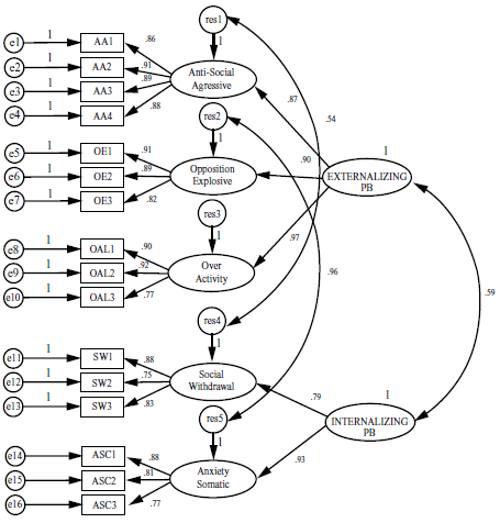 Confirmatory factor analysis final model: Problem Behavior scale (Parcels)