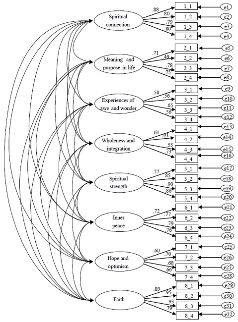 CFA model of WHOQOL-SRPB in eight dimensions and standardized loads.