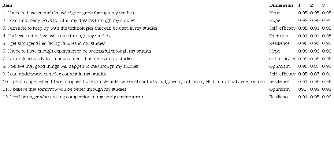 Items developed in their respective dimensions and calculation of the content validity coefficient