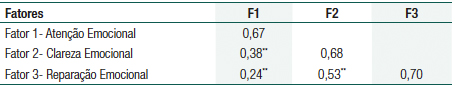 Matriz das correla&ccedil;&otilde;es entre os fatores e valores do VME da TMMS-24