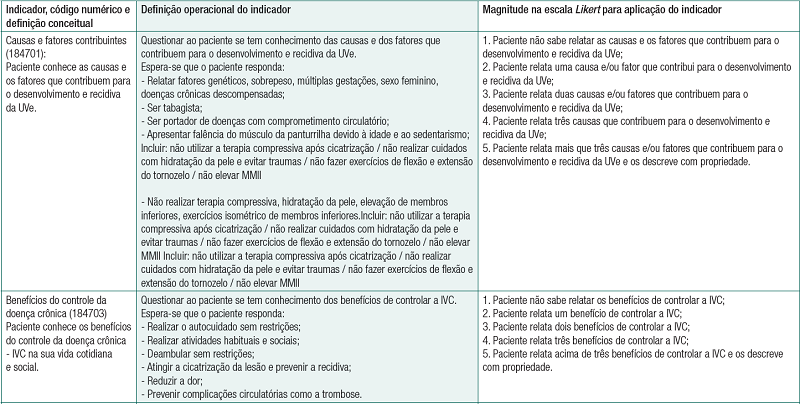Indicadores, definições conceituais, operacionais e magnitude da definição operacional do resultado da Nursing Outcomes Classification “Conhecimento: controle da doença crônica (1847)”