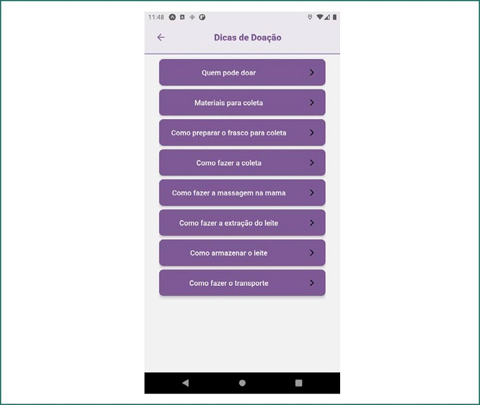Tela m&oacute;dulo Dicas de doa&ccedil;&atilde;o de leite humano do aplicativo CuidarTech Doe Leite
