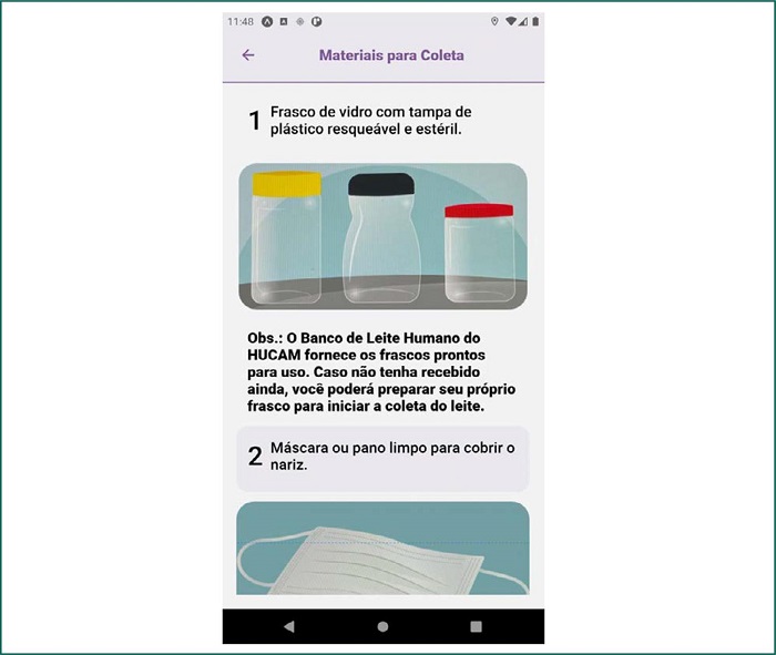 Tela m&oacute;dulo Dicas de doa&ccedil;&atilde;o de leite humano &ndash; Materiais para coleta