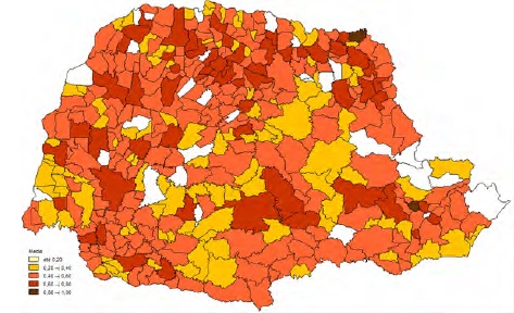 Mapa de escores m&eacute;dios de efici&ecirc;ncia dos munic&iacute;pios paranaenses &ndash; 2001 a 2012