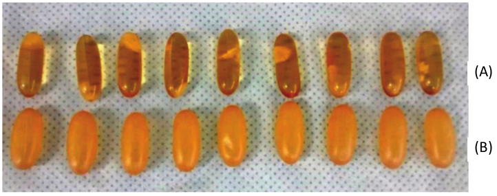 Palm oil capsules without (A) and with (B) enteric coating.