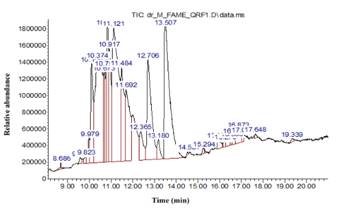 Figure 1. GCMS chromatogram of the n-hexane extract of Cinnamomum zeylanicum.