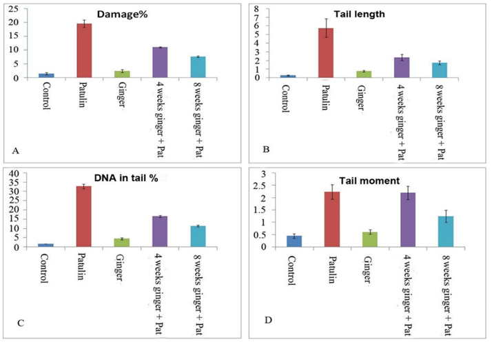 Figure 1. Histograms showing the DNA damage in liver of rats among studied groups as revealed by various comet assay parameters. A: Percentage of tail DNA; B:Tail length; C: Percentage of DNA in tail; D: Tail moment.