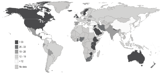 Figura 10. Frecuencia
de b&uacute;squedas por el tema del feminismo, por pa&iacute;s, entre 2004 y 2013.