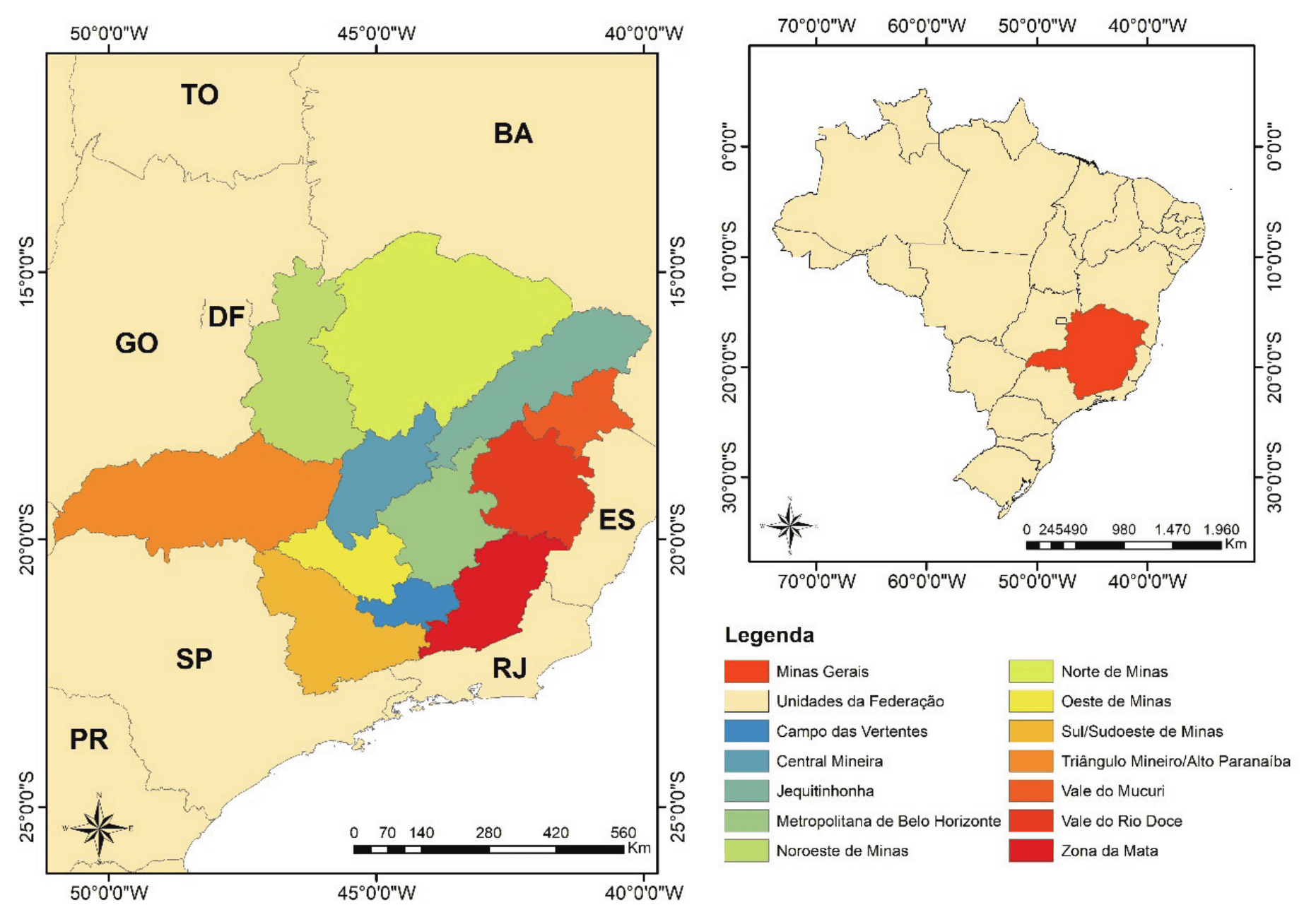 Mapa de localização do estado de Minas Gerais.
