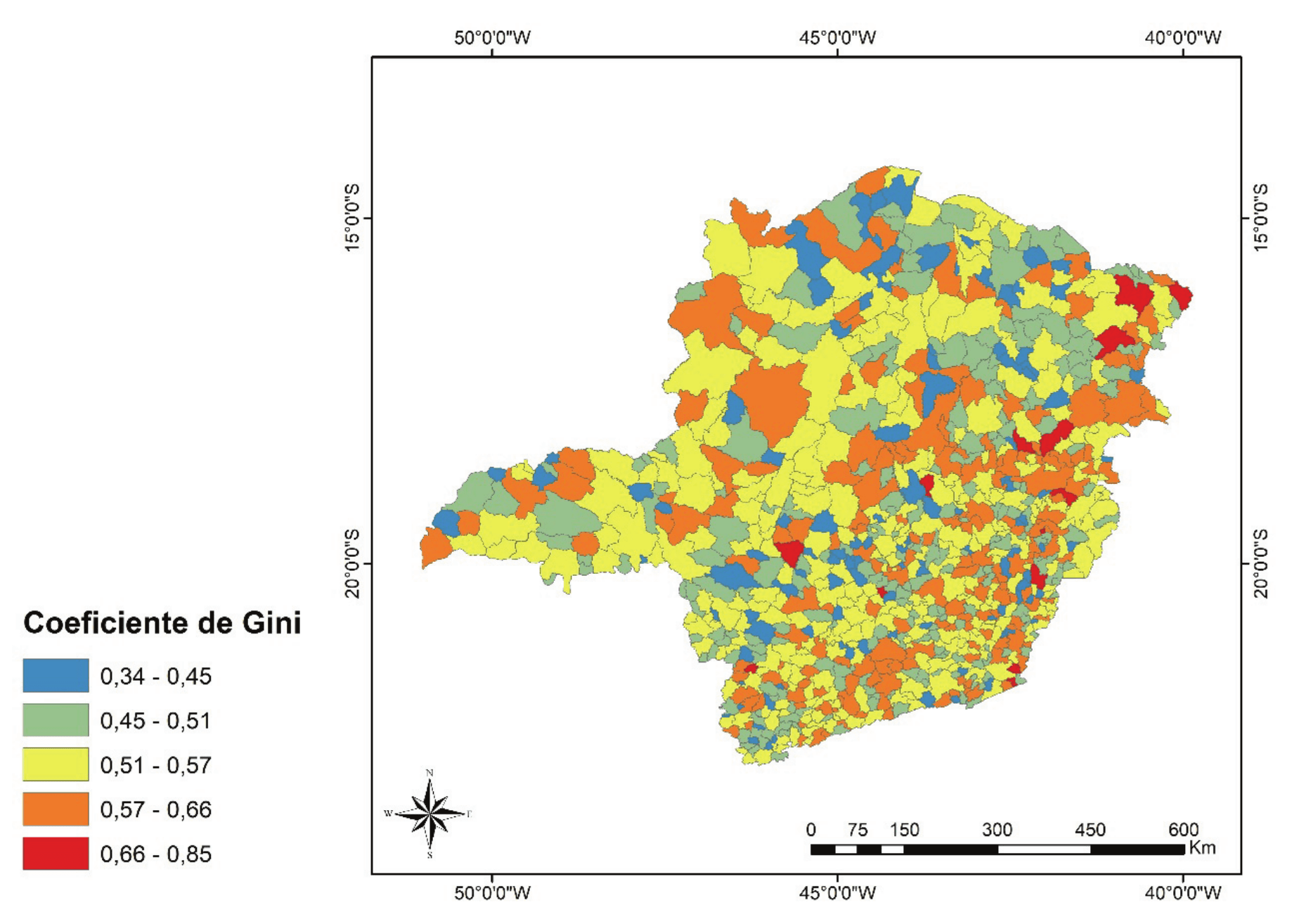 Mapa do coeficiente de Gini dos municípios do estado de Minas Gerais no ano de 1991.