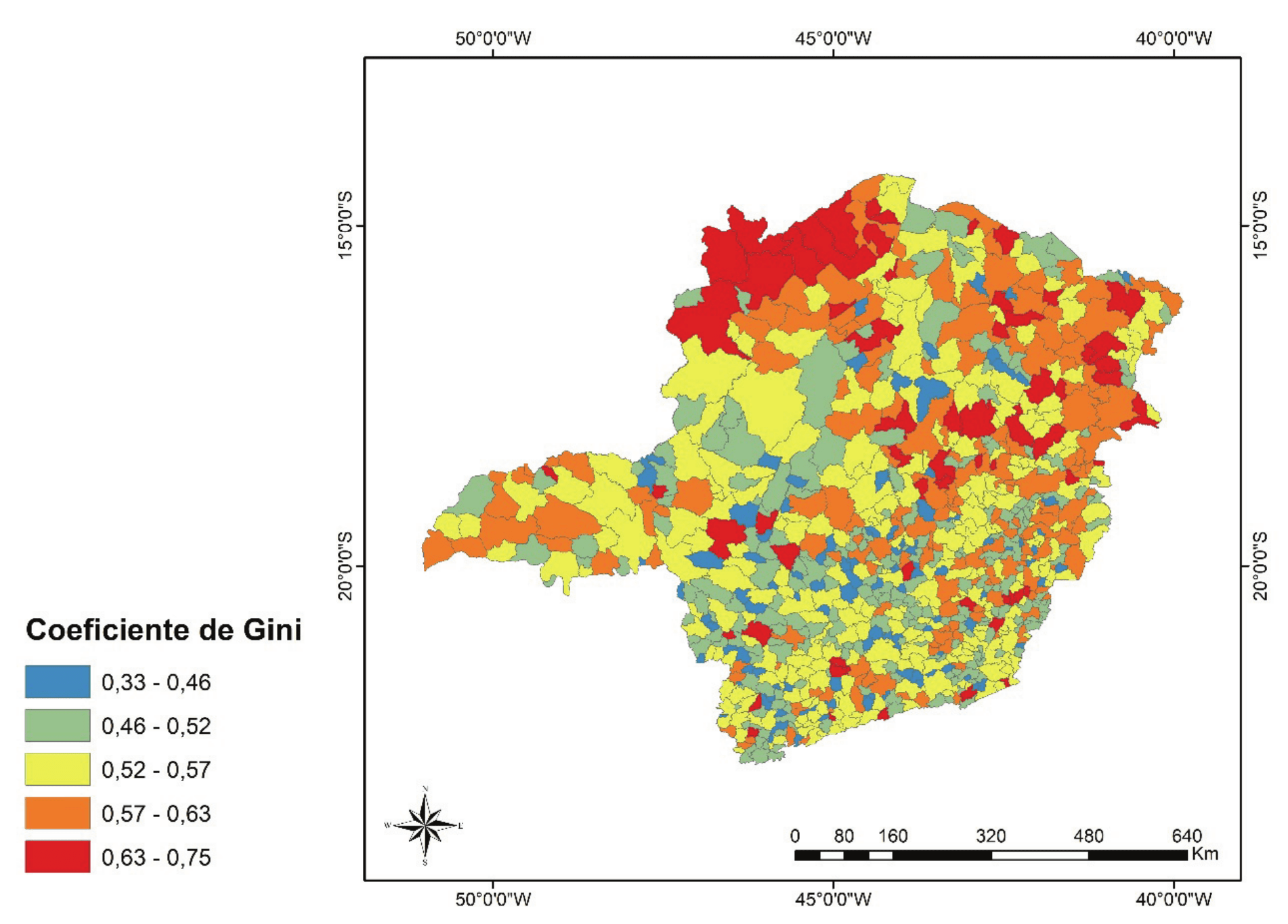 Mapa do coeficiente de Gini dos municípios do estado de Minas Gerais no ano de 2000.