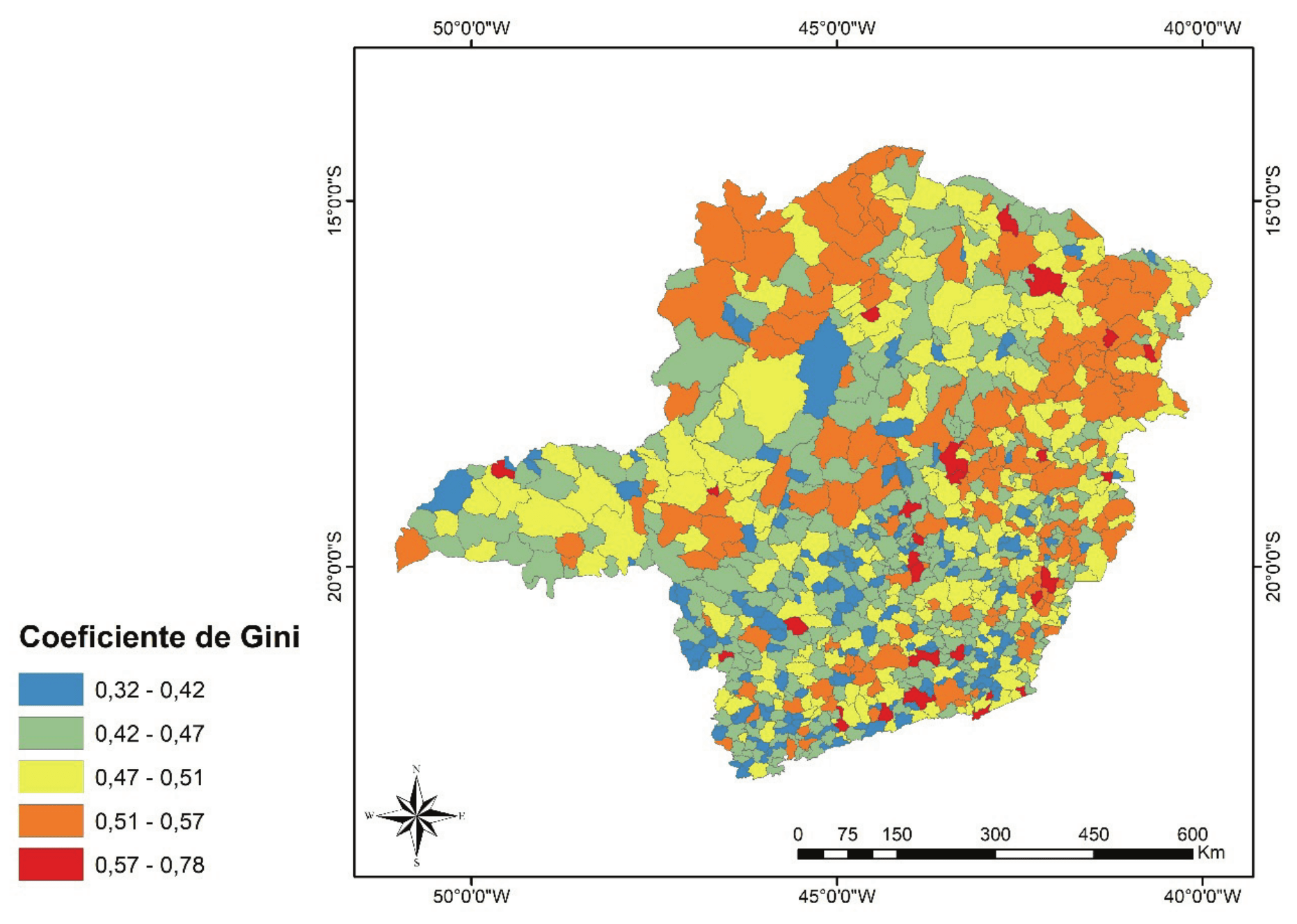 Mapa do coeficiente de Gini dos municípios do estado de Minas Gerais no ano de 2010.