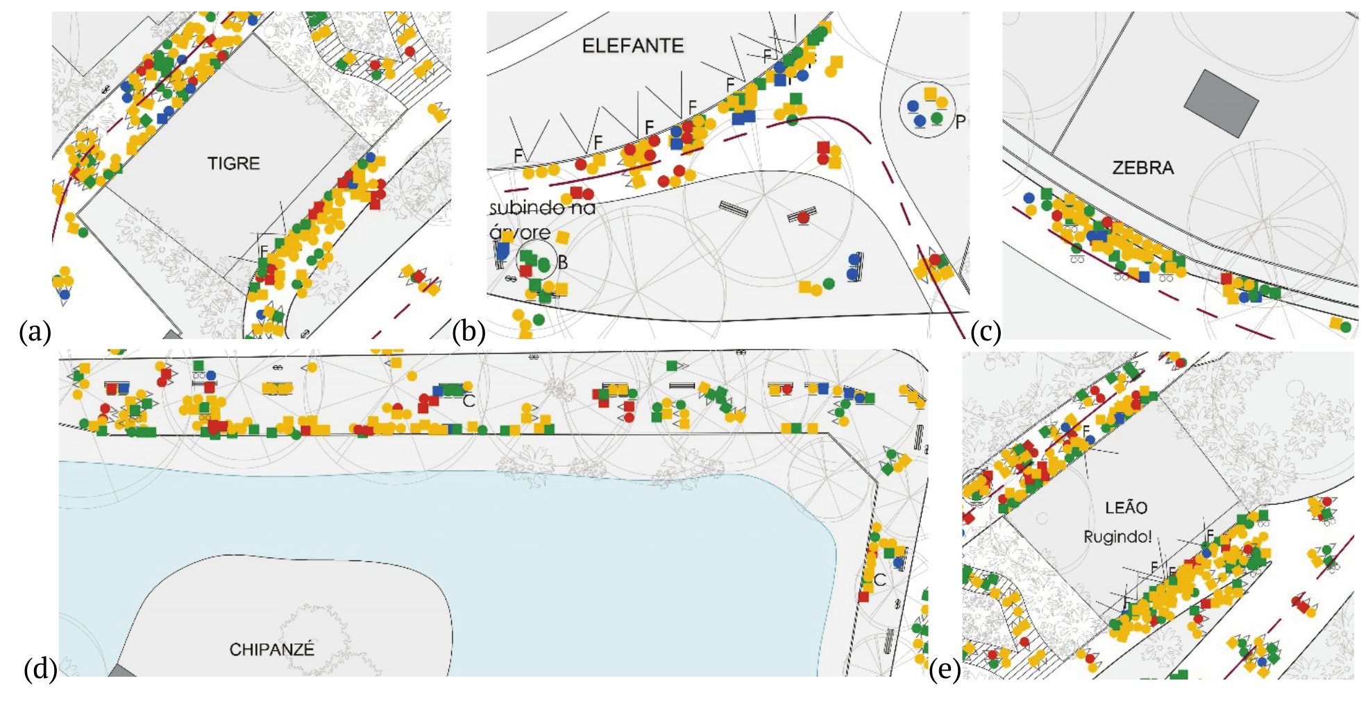 Mapas comportamentais dos cinco animais preferidos dos visitantes. Cada bolinha colorida representando uma pessoa: a) tigre; b) elefante; c) zebra; d) macaco; e, e) leão (fotos da autora).