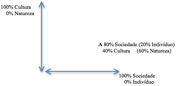 Rela��es individuo - sociedade e cultura &ndash; natureza representada em um diagrama cartesiano de modo a indicar a complementaridade. Por exemplo, no ponto A a condi��o � de 80% Sociedade (consequentemente de 20% Individuo) e de 40% Cultura (consequentemente 60% Natureza).