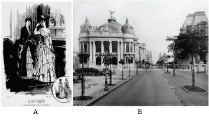 A
- Valorização do teatro e presença da arquitetura francesa (A Estação, 1887, 30
jun., capa); B - Teatro Municipal do Rio de Janeiro (Ferrez, 1909). 

 