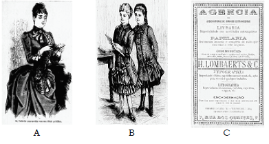 Imagens de estímulo à leitura e publicidade de livros. A- A Estação, (1887, 31
mar., p. 45); B– A Estação, (1883, 15 mar., p. 69); C– A Estação (1895, 15
jan., p. 7).
