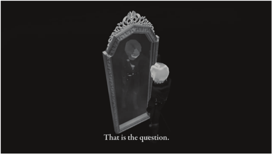 (C) a terceira
parte em que a personagem, de corpo todo em frente do espelho, mostra ao mesmo
tempo as duas possibilidades, fazendo uma conclusiva afirmação – That is the
question.