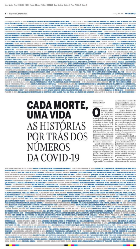 P�ginas centrais do caderno especial &lsquo;Coronav�rus&rsquo; d&rsquo; O Globo de 10 de maio 2020.