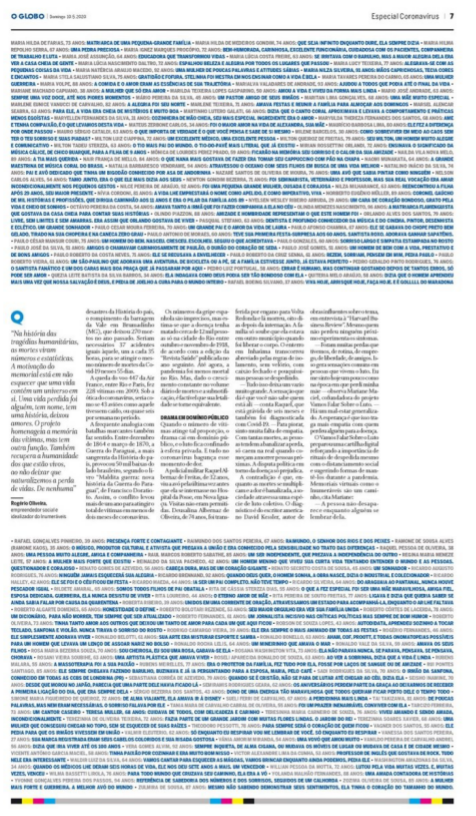 P�ginas centrais do caderno especial &lsquo;Coronav�rus&rsquo; d&rsquo; O Globo de 10 de maio 2020.