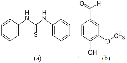 Chemical structure of (a) 1,3-diphenyl-2-thiourea (b) 4-hydroxy-3-ethoxybenzaldehyde.