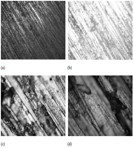Microanalytical images of mild steel before corrosion (a) 4X, (b) 10X, (c) 40X,
(d) 100X.