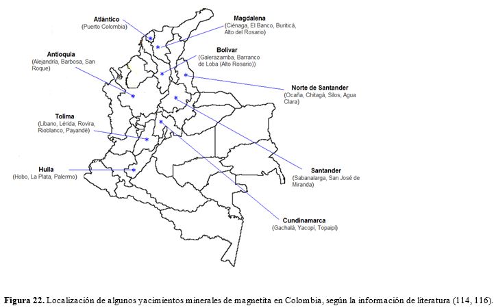 Localización de algunos yacimientos minerales de magnetita en Colombia, según la información de literatura (114, 116).