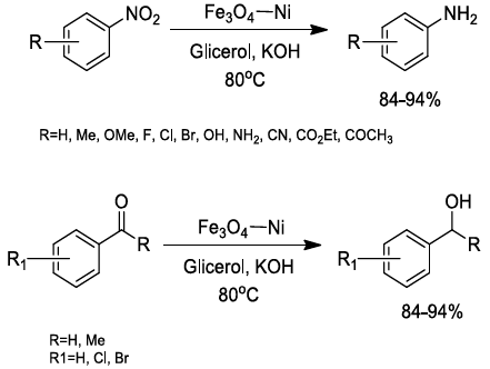 Reacciones de reducción de compuestos nitroaromáticos y compuestos carbonílicos
catalizadas por nanopartículas mixtas formadas de Ni y NiO soportados sobre Fe3O4,
abreviadas como Fe3O4 – Ni.