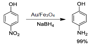 Reacción de reducción de p–nitrofenol a p–aminofenol, catalizada por Au/Fe3O4.