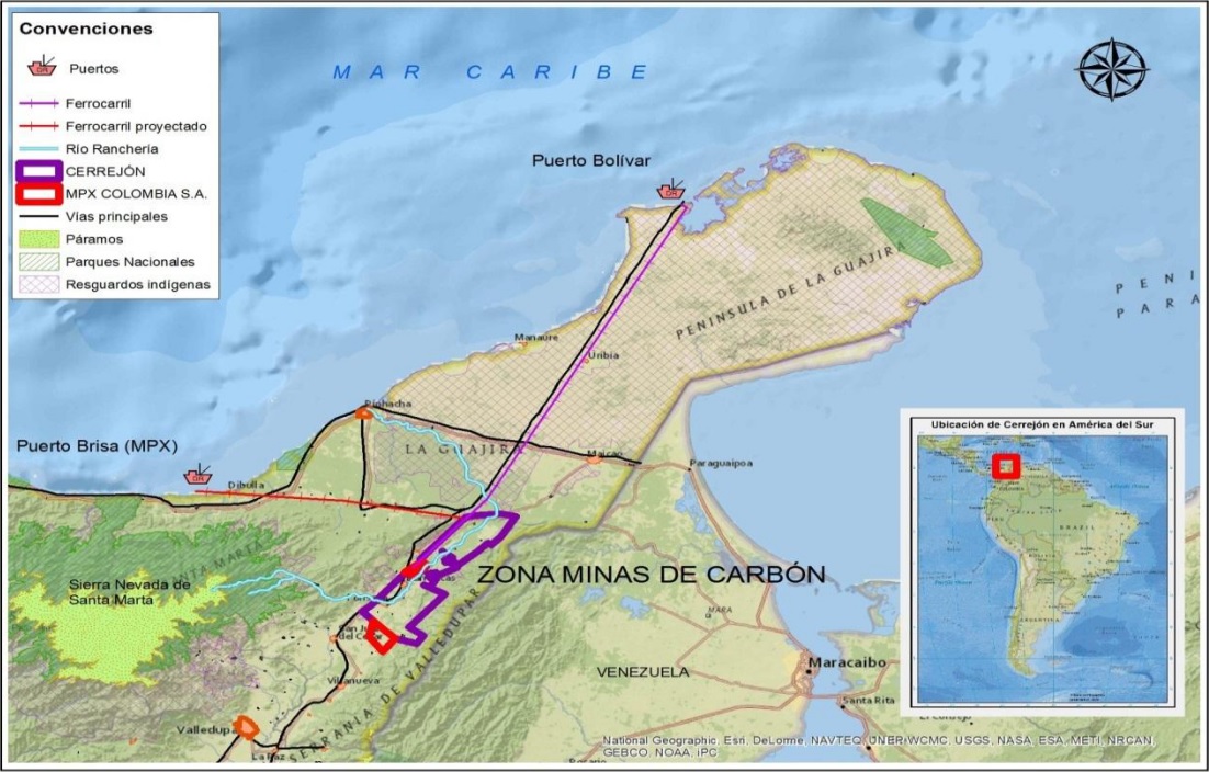 Ubicaci&oacute;n geogr&aacute;fica de la zona minera de carb&oacute;n El Cerrej&oacute;n. La Guajira, Colombia