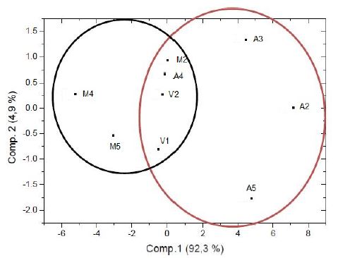 PCA de los resultados obtenidos mediante GC de los vinos comerciales y
adulterados