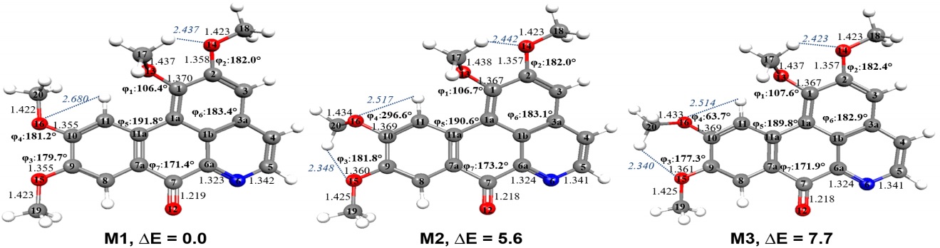 Par&aacute;metros geom&eacute;tricos de los m&iacute;nimos de oxoglaucina (longitudes de
enlace en &Aring;). Los m&iacute;nimos se optimizaron empleando el nivel de teor&iacute;a B3LYP/TZVP. Las energ&iacute;as
relativas se calcularon usando el nivel de teor&iacute;a DFT/MRCI/TZVP en kJ&middot;mol-1